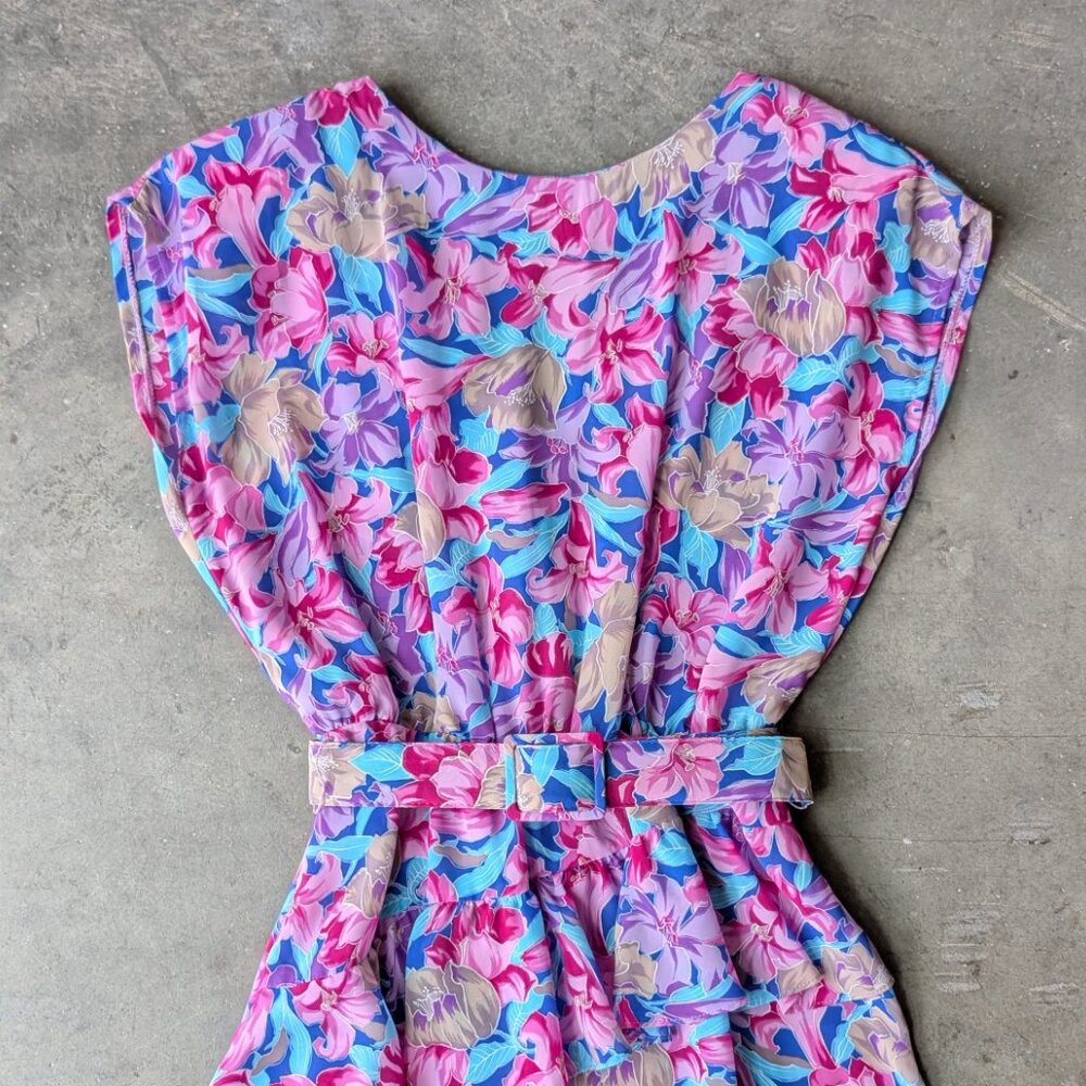 Vintage Cora's Closet Pink Blue Hawaiian Floral Belted Sleeveless Dress - Picture 4 of 8